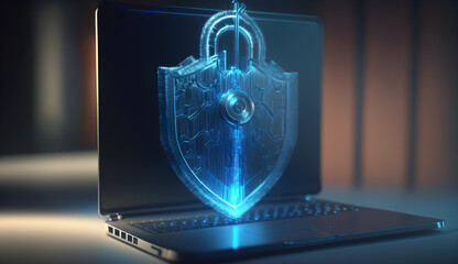 Blue laptop, Shield, Lock, Cybersecurity, Online Security, Computer Security, Information Security, Firewall, Antivirus, Malware Protection, Data Encryption, Secure Connection, Network Security, Ident