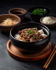 Gyudon - a bowl of rice with sliced beef, onion and sweet sauce. Generative Ai.