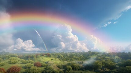 Rainbow in Blue sky with cloud. Beautiful landscape with multi colored with rainbow. Generative Ai.