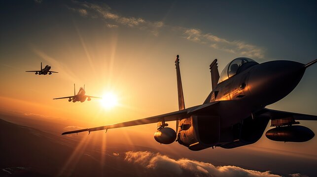 Militar aircraft flying over the clouds in amazing sunset. Generative Ai.