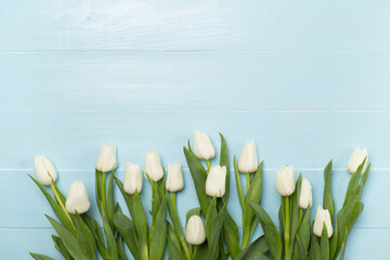 White tulips on wooden background, top view