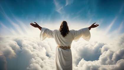 Jesus is standing in the clouds. He spreads his arms. Religion. Faith and mercy. Space for text.