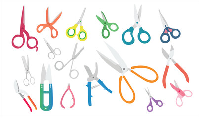 Types of scissor set isolated on white background. Set of diferent colored scissors vector. Scissor icon in cartoon and flat style. Open, closed cutting or nippers. Vector illustration.