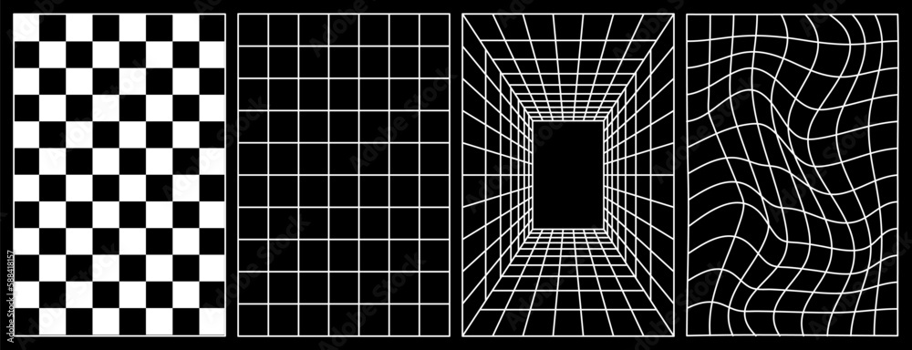 Wall mural set of distorted vertical grid pattern and checkerboard pattern. y2k retrowave shapes, rave, vaporwa