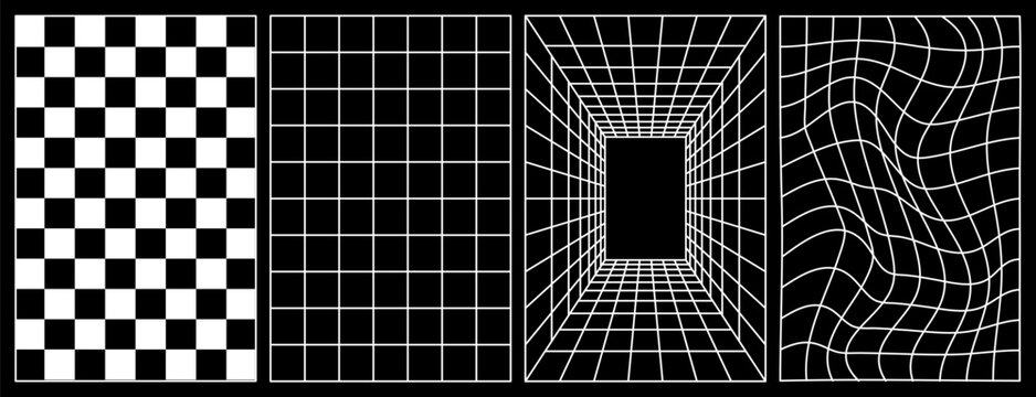 Set of distorted vertical grid pattern and checkerboard pattern. Y2K Retrowave shapes, rave, vaporwave. White trendy shapes. Trendy retro 1980s, 90s, 2000s style. Print, poster, banner.