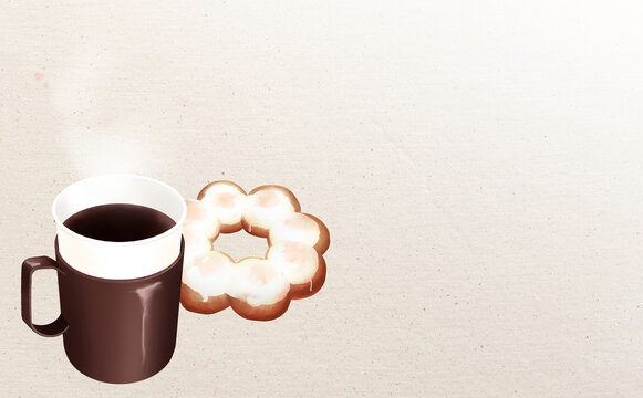 イラスト素材・カップホルダー付き紙コップのホットコーヒー&ドーナッツ 砂目背景 色違い・差分あり