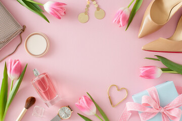 Women's Day atmosphere concept. Top view photo of perfume bottle сosmetics accessories and bijouteries beige women shoes handbag watches and tulips on pastel pink background with empty space