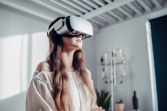 Junge Frau tr&auml;gt VR-Brille