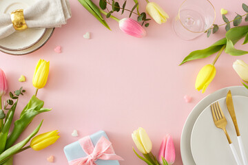 Mother's Day concept. Top view photo of circle plates cutlery napkin with ring empty glass gift box and colorful tulips with hearts on isolated pastel pink background with blank space in the middle