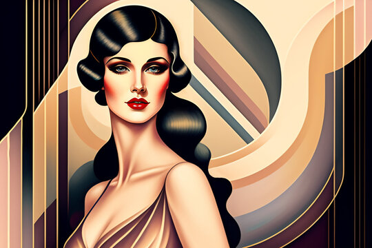 Drawing of stunning feminine 1920s woman, muted and subtle pastel Art Deco colors.