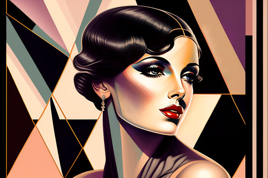 Drawing of stunning feminine 1920s woman, muted and subtle pastel Art Deco colors.