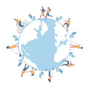 People Around The Map Of World. Healthy Lifestyle Concept. Men And Women Are Resting: Ride A Bike, Rollerblading, Scooter, Walk With Baby Stroller, Walk A Dog. Flat Style. Vector Illustration