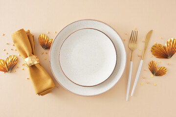 Women's Day concept. Top view photo of empty plate cutlery knife fork fabric napkin with ring gold...