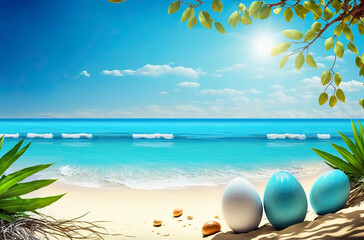 Fototapeta na wymiar Colorful painted easter eggs on tropical beach with turquoise sea in the background. Generative Ai
