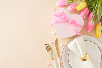 Mother's Day concept. Top view photo of circle plate cutlery knife fork fabric napkin heart shaped giftbox hearts baubles and yellow pink tulips on isolated pastel beige background with copy space