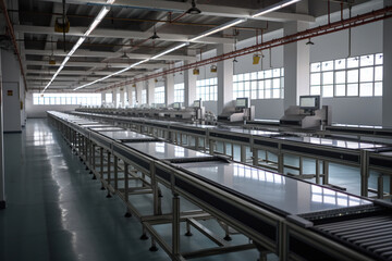 interior of a modern factory, conveyor belt, production line. Generative AI