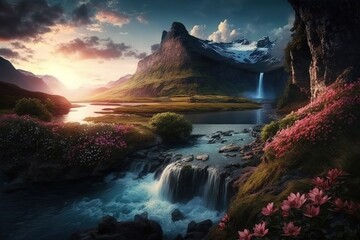 Fototapeta na wymiar Beautiful Nature Lovely Countryside Place view of Valley Meadow Landscape Wallpaper with Waterfall, Mountains, Greenery Green Moss, Flowers, Clouds, Sunset, and Water river. Ai