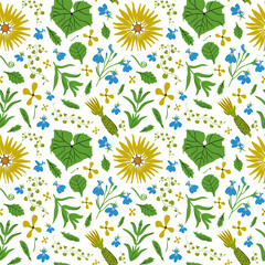 Summer garden seamless pattern with different flowers and plants. Kitchen garden background, wallpaper. Great for wrapping paper, textile, stationery design. Vector illustration.