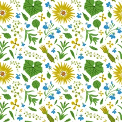 Abwaschbare Fototapete Summer garden seamless pattern with different flowers and plants. Kitchen garden background, wallpaper. Great for wrapping paper, textile, stationery design. Vector illustration. © Natalie Bartush