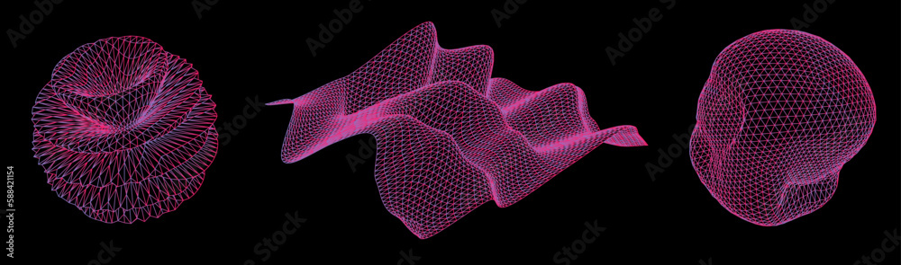Aufkleber Set of 3D glitched shapes made of mesh. Generative art plots for data visualization and analysis subjects. 