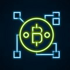 Glowing neon line Blockchain technology Bitcoin icon isolated on black background. Abstract geometric block chain network technology business. Colorful outline concept. Vector