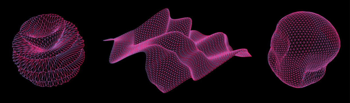 Set of 3D glitched shapes made of mesh. Generative art plots for data visualization and analysis subjects. 