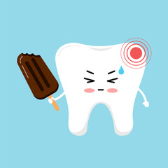 Cute sensitive tooth with ice cream and pain. Dental kawaii character with food and toothache cold discomfort isolated on white background. Flat design vector ill tooth with hurt illustration. 