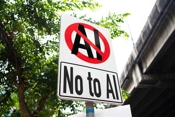 No AI sign on street. No to Artificial Intelligence concept.