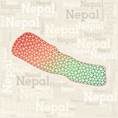 Elegant vector illustration of Nepal map. Country names in different languages and map shape with geometric low poly triangles. 