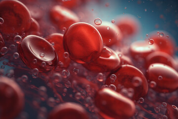 Health care and medicine concept. Floating human blood cells visualization in blood vessels or veins. Microscopic view of round and red blood cell. Generative AI