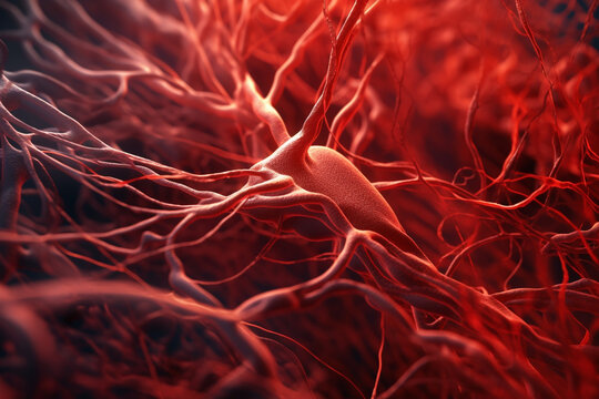 Health care and medicine concept. Abstract visualization of of red human veins and blood vessels web. Microscopic view. Abstract and futuristic looking style. Generative AI