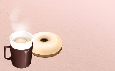 イラスト素材・カップホルダー付き紙コップのホットカフェオレ&ドーナッツ ピンク背景 色違い・差分有
