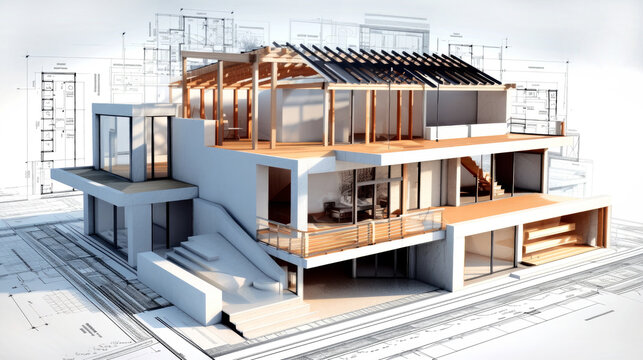 Building house on blueprints - construction project. Generative AI