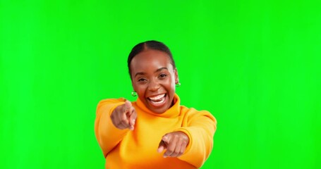 Face, green screen and black woman with celebration, dance and happiness against a studio background. Portrait, African American female and happy lady with smile, dancing and movement for achievement - Powered by Adobe