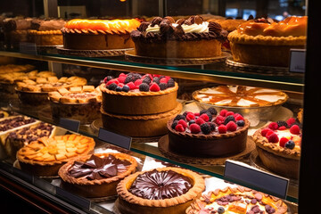Display case filled with lots of different types of cakes,. tarts and pies on display in a bakery or bakery store or restaurant, high quality generative ai