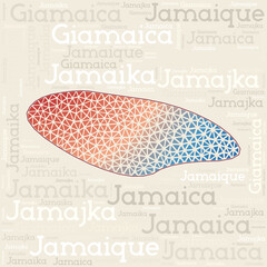 Jamaica map design featuring the country's name in different languages, with a geometric low poly triangle pattern. Captivating vector illustration of Jamaica.