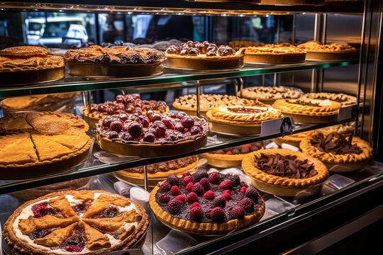 Display case filled with lots of different types of cakes,. tarts and pies on display in a bakery or bakery store or restaurant, high quality generative ai