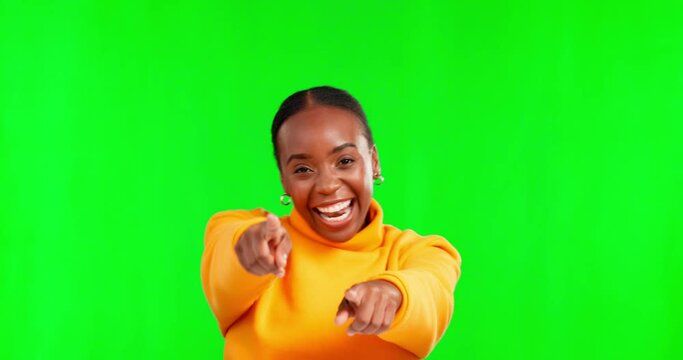 Face, green screen and black woman with celebration, dance and happiness against a studio background. Portrait, African American female and happy lady with smile, dancing and movement for achievement