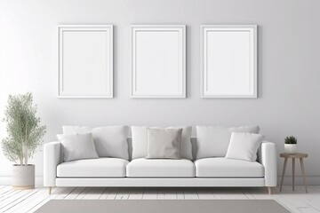 Blank picture frame mockup on white wall. Modern living room design. View of modern scandinavian style interior with sofa. Three vertical templates for artwork, painting, photo or poster. AI