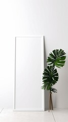 Empty vertical frame mockup standing on floor in modern minimalist interior on white wall background, Template for artwork, painting, photo or poster. Generative AI