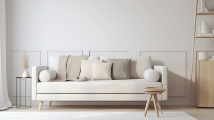 View of modern scandinavian style interior with sofa and trendy vase, Home staging and minimalism concept. Generative AI