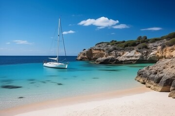 Obraz premium Beautiful beach with sailing boat yacht, Menorca island, Spain. Sailing boats in a bay. Summer fun, enjoying life, yachting, travel and active lifestyle concept. Generative AI