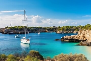 Fototapeta na wymiar Beautiful beach with sailing boat yacht, Menorca island, Spain. Sailing boats in a bay. Summer fun, enjoying life, yachting, travel and active lifestyle concept. Generative AI