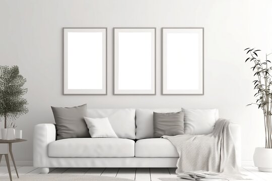 Blank picture frame mockup on white wall. Modern living room design. View of modern scandinavian style interior with sofa. Three vertical templates for artwork, painting, photo or poster. AI