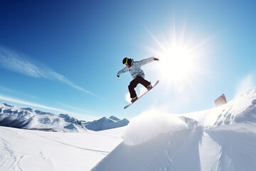 Naklejka na ściany i meble Jumping snowboarder on snowboard in mountains. AI generative.