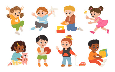 Naklejka premium Children, kids play together having fun, fooling around in fine good mood, on playroom, playground. Preschool kids have fun. Children's activity in the kinder garden, primary school.