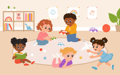 Kids play toys and games together in kindergarden. Cartoon playroom with multiracial children.