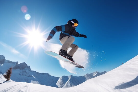 Jumping snowboarder on snowboard in mountains. Ai generative.