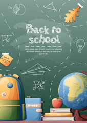 Back to school poster with school items and elements. Background with drawings drawn in chalk on a school blackboard