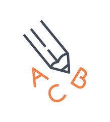 Pen with letters icon. Alphabet, metaphor for education and learning for preschoolers, language learning. Interface for programs and applications. Cartoon flat vector illustration